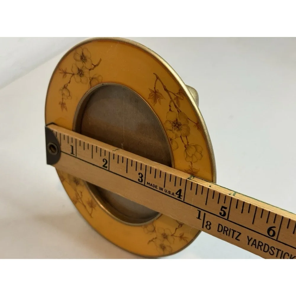 Vintage Yellow Enamel Oval Floral Picture Frame Brass Metal Tabletop Photo Decor